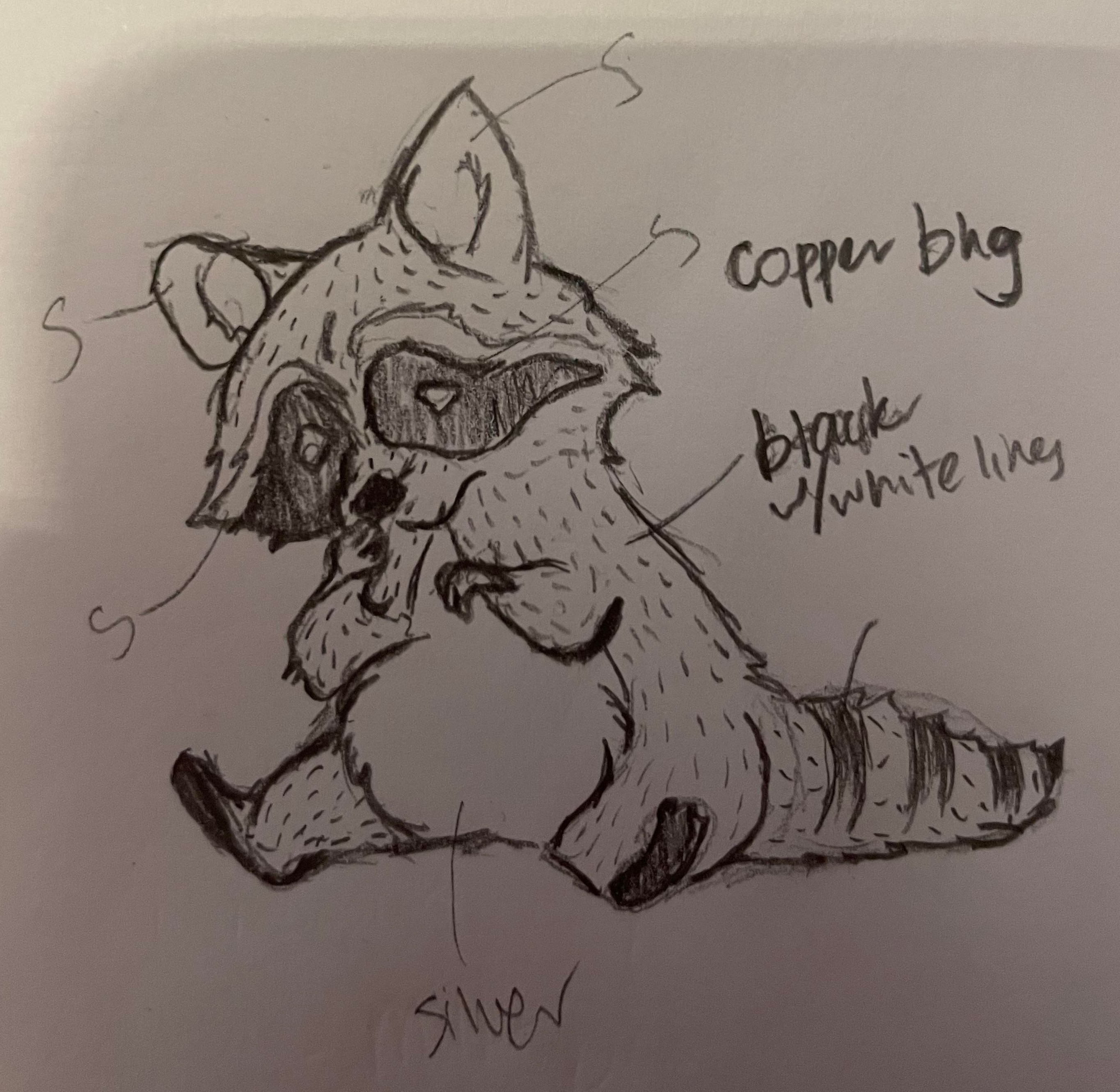 The sketch of the raccoon and colour designations to make vectors using available board colours, copper, black and white print, and silver solder.